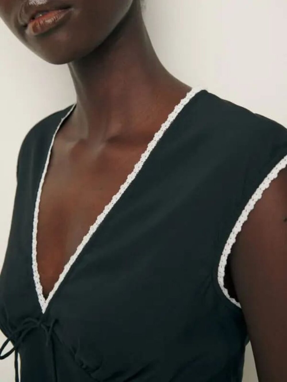 Reformation Cherry Top Black Lace Trim V Neck Tie Front 0 - Picture 2 of 12